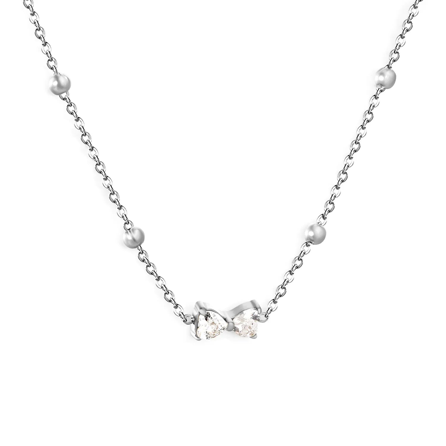 Bowknot White Zircon Inlaid Pendant Necklace 0.35 Cross Chain 40+5cm with 6mm Round End Tag 9*5mm Pendant Steel & Gold Color asonjewelry